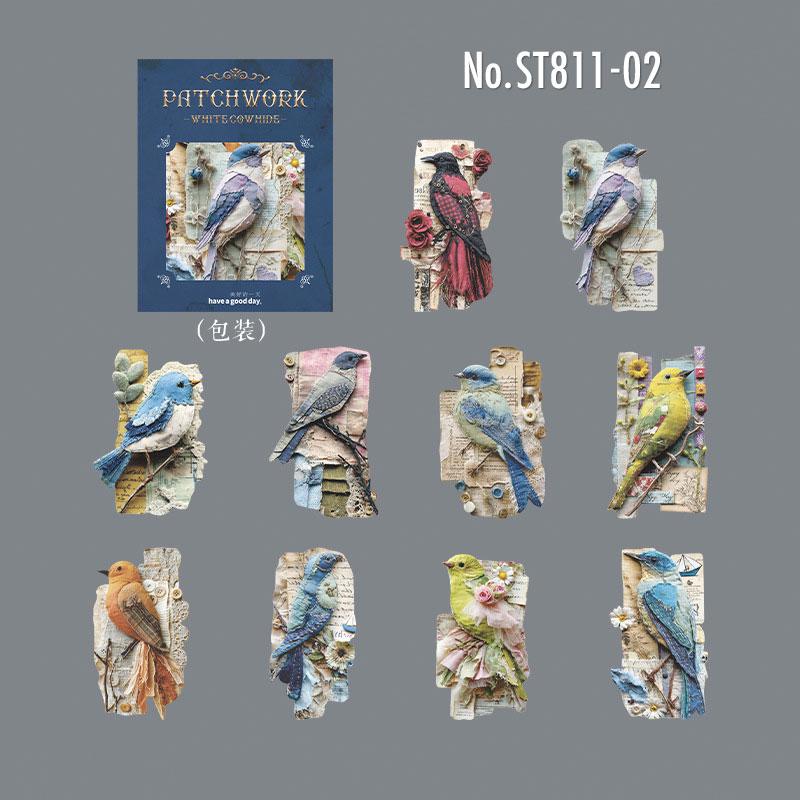 ST811 シール パッチワーク 蝶 小鳥 キノコ 花 バラ 紅葉 葉っぱ 時計 懐中時計