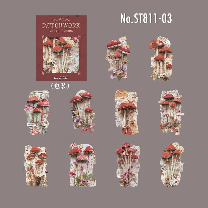 ST811 シール パッチワーク 蝶 小鳥 キノコ 花 バラ 紅葉 葉っぱ 時計 懐中時計