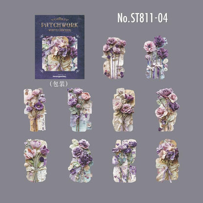 ST811 シール パッチワーク 蝶 小鳥 キノコ 花 バラ 紅葉 葉っぱ 時計 懐中時計