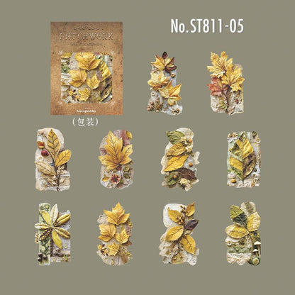 ST811 シール パッチワーク 蝶 小鳥 キノコ 花 バラ 紅葉 葉っぱ 時計 懐中時計