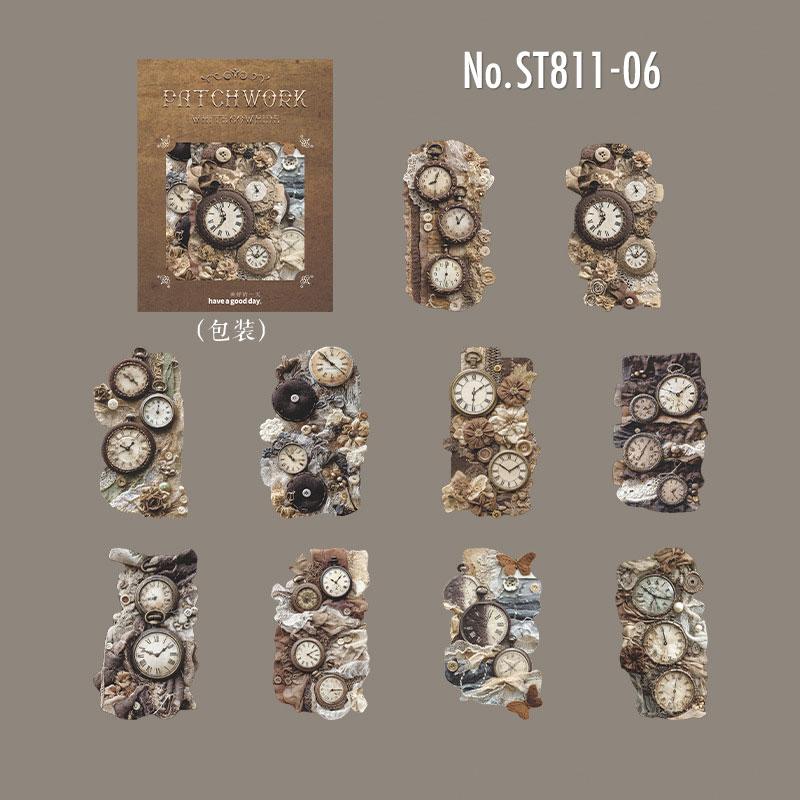 ST811 シール パッチワーク 蝶 小鳥 キノコ 花 バラ 紅葉 葉っぱ 時計 懐中時計