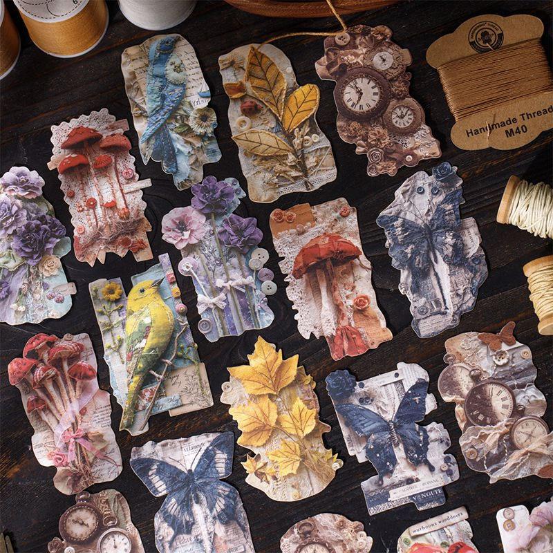 ST811 シール パッチワーク 蝶 小鳥 キノコ 花 バラ 紅葉 葉っぱ 時計 懐中時計