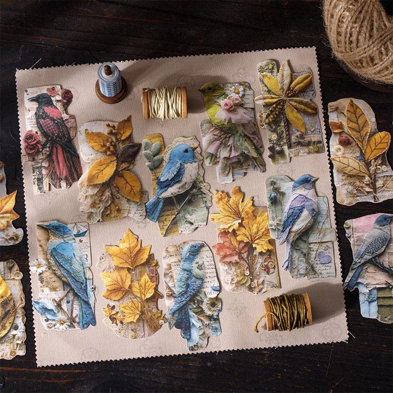 ST811 シール パッチワーク 蝶 小鳥 キノコ 花 バラ 紅葉 葉っぱ 時計 懐中時計