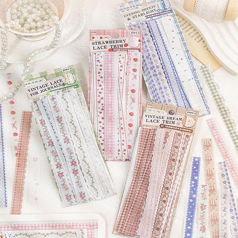 ST834 リボン レース ロングステッカー 装飾 アクセント 飾り コラージュ素材 コラージュ シール ステッカー 紙もの 手帳 日記 海外 紙モノ 紙物