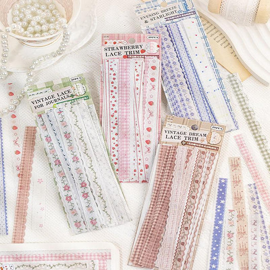 ST834 リボン レース ロングステッカー 装飾 アクセント 飾り コラージュ素材 コラージュ シール ステッカー 紙もの 手帳 日記 海外 紙モノ 紙物