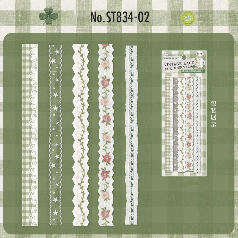 ST834 リボン レース ロングステッカー 装飾 アクセント 飾り コラージュ素材 コラージュ シール ステッカー 紙もの 手帳 日記 海外 紙モノ 紙物