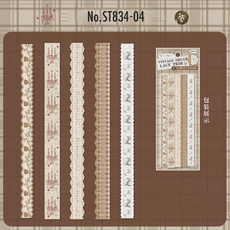 ST834 リボン レース ロングステッカー 装飾 アクセント 飾り コラージュ素材 コラージュ シール ステッカー 紙もの 手帳 日記 海外 紙モノ 紙物