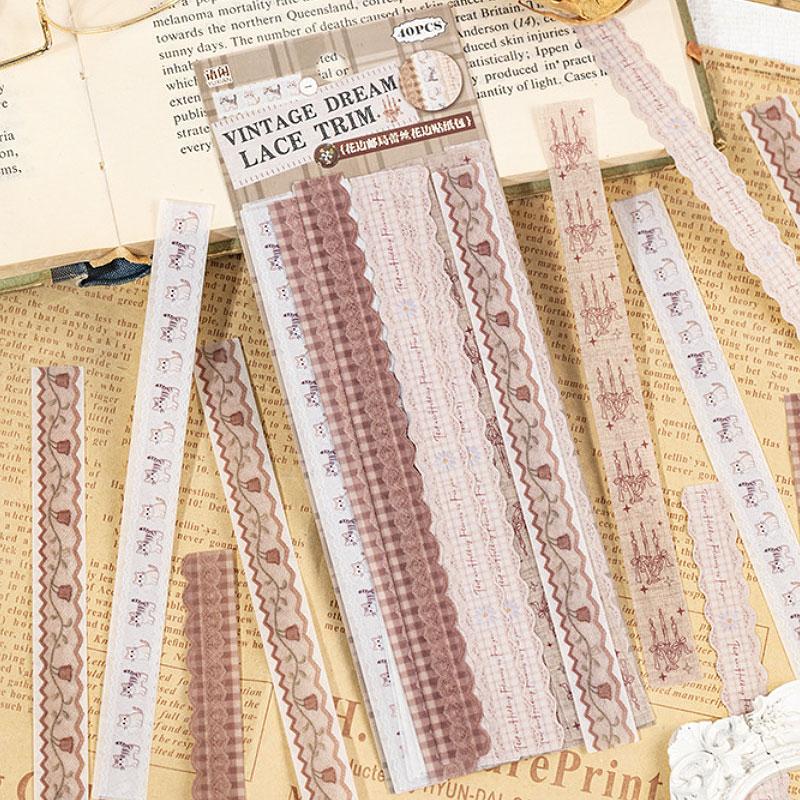ST834 リボン レース ロングステッカー 装飾 アクセント 飾り コラージュ素材 コラージュ シール ステッカー 紙もの 手帳 日記 海外 紙モノ 紙物